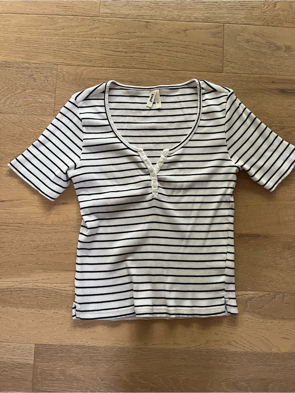 Pact White and Black Striped Scoop Henley Tee